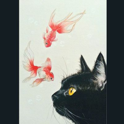 特別価格☆【原画】『夏の終わりの使者』（黒猫　金魚　絵画　手描き　和風　） 日本画 猫と金魚 原画